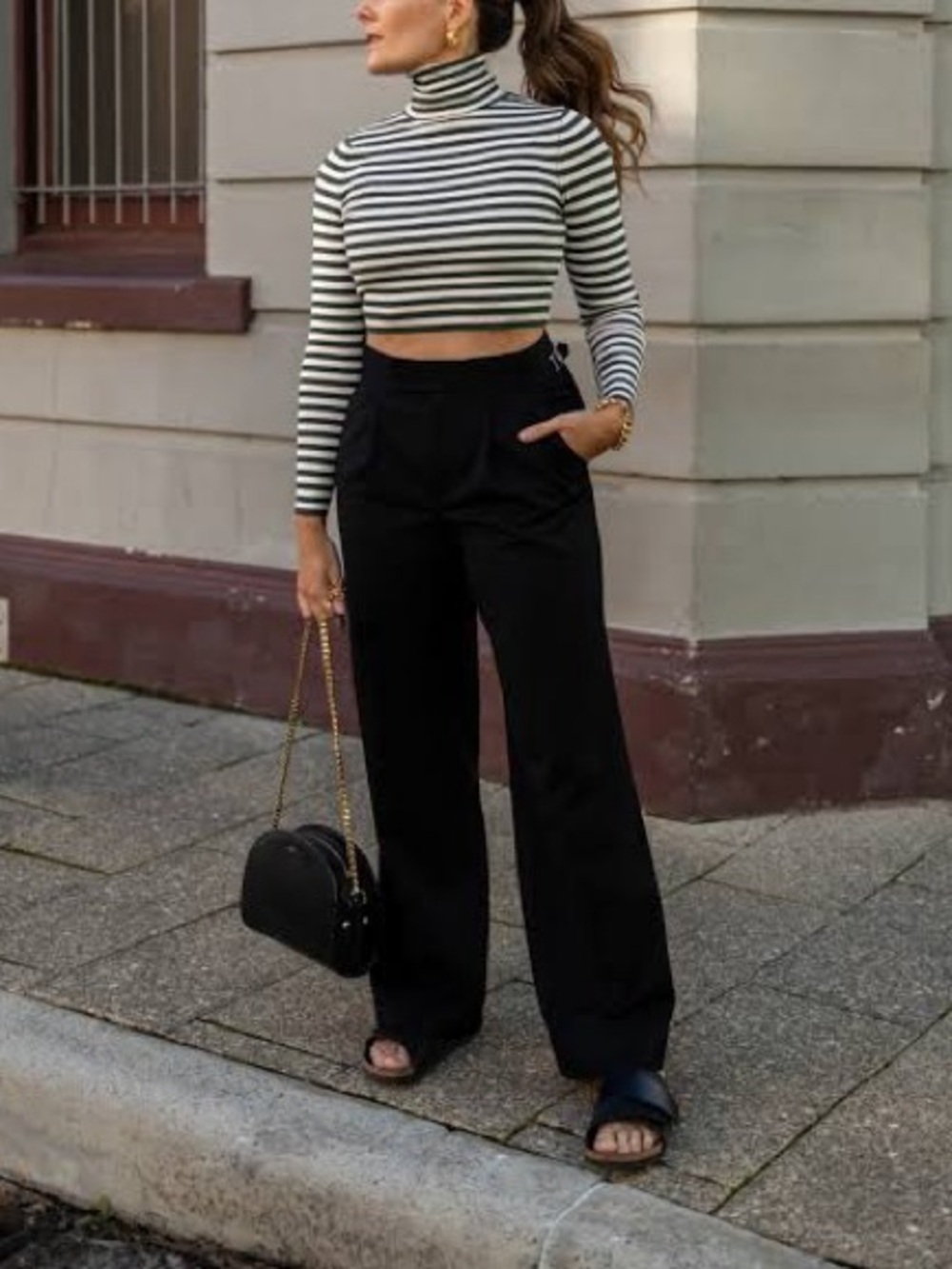 Zara Green and White Striped Turtleneck